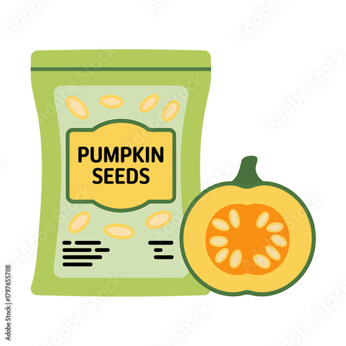 Pumpkin seeds in a package and a cut pumpkin, nutritious snack