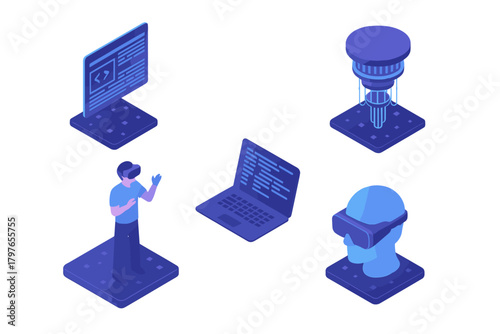 Isometric icons representing virtual reality, augmented reality, and digital development concepts