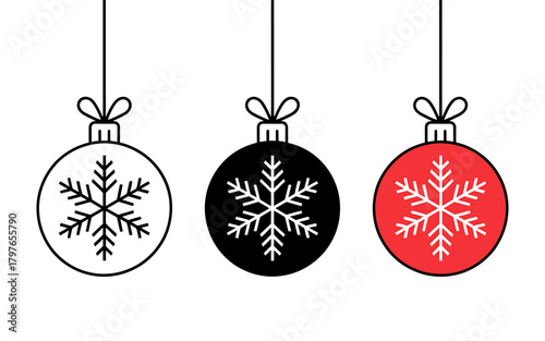 Holiday snowflake ornaments line art, solid black, and red icons