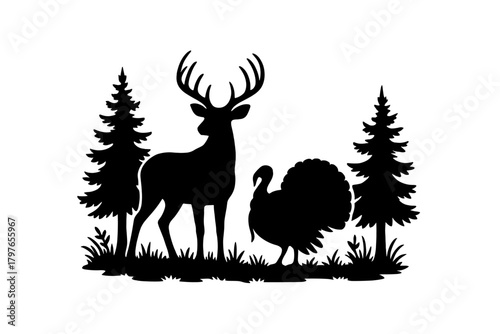 Black silhouette of a stag and wild turkey standing among pine trees and grass