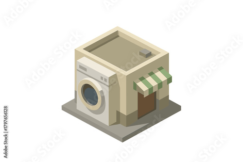Isometric small laundromat building with washing machine facade and striped awning