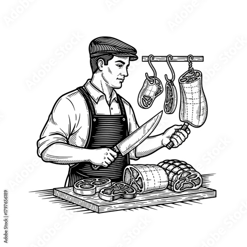 Butcher skillfully preparing cuts of meat with a sharp knife.