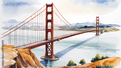 Golden gate bridge watercolor painting, san francisco iconic landmark