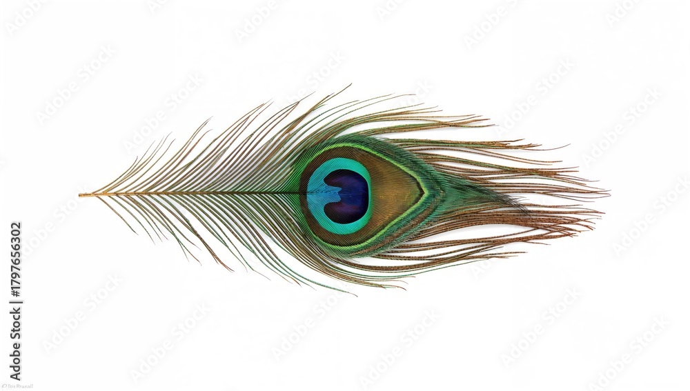 Fototapeta premium Isolated peacock feather on a white backdrop, suitable for editorial design