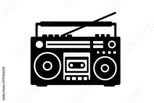 Classic retro boombox with cassette player and antenna in black and white
