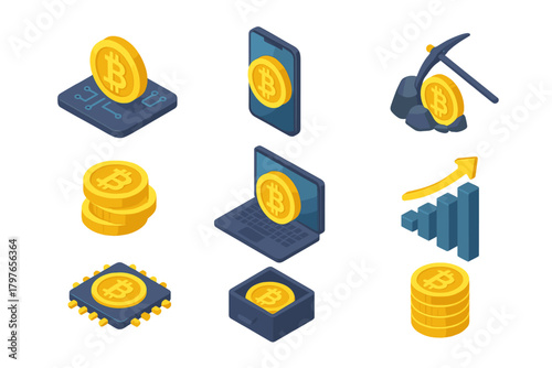Isometric set of cryptocurrency icons for transactions, mining, and financial technology