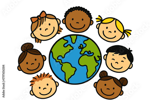 Smiling diverse children's faces surrounding the planet Earth globe symbolizing global unity and friendship