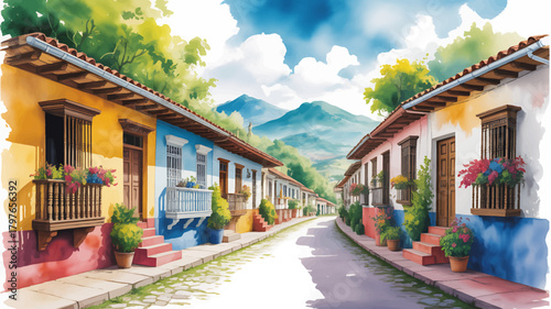 Colorful village street with vibrant houses, flowers, and mountains