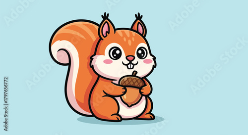 Cute cartoon squirrel holding a brown acorn, with a fluffy orange tail and a light blue background.
