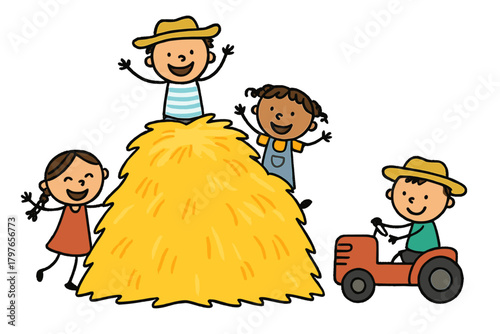 Smiling kids playing on a giant haystack and riding a small red tractor on a farm
