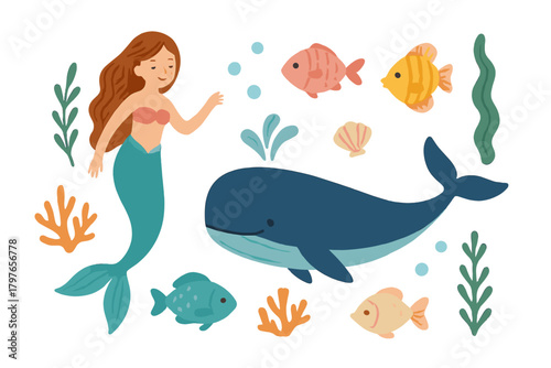 Cute cartoon mermaid, whale, and fish swimming in the deep blue ocean with sea plants