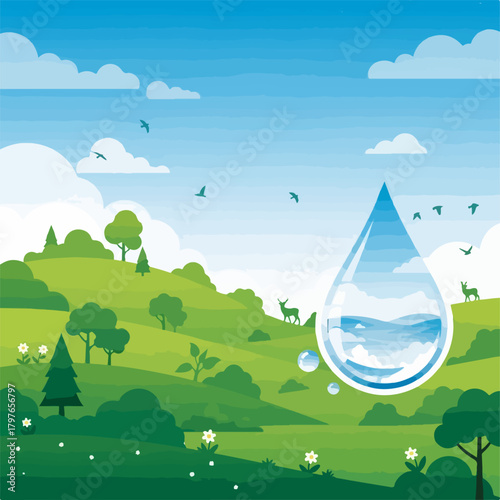 Pristine green landscape with rolling hills, wildlife, and a symbolic clear water droplet.