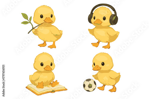Set of four cute yellow baby ducklings doing activities like reading, listening to music, and playing soccer