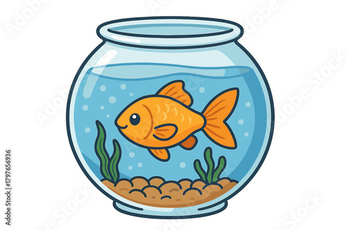 Cute cartoon goldfish swimming happily in a round glass fishbowl with water and plants