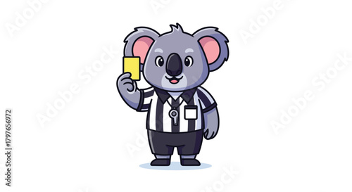 A cute cartoon koala dressed as a soccer referee holding up a yellow card.