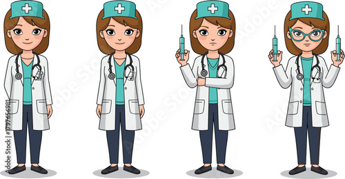 Cartoon female medical professional, nurse character, syringe pose, teal uniform, healthcare worker, stethoscope, hospital staff, medical gear, emotion, care