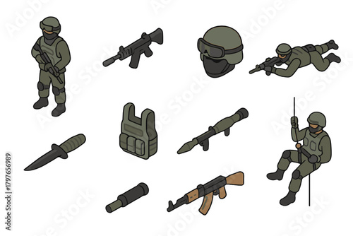 Isometric military soldier characters and combat equipment set on white background