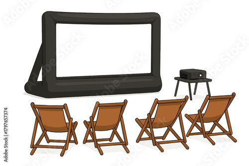 Portable outdoor cinema setup with inflatable screen, projector, and folding chairs