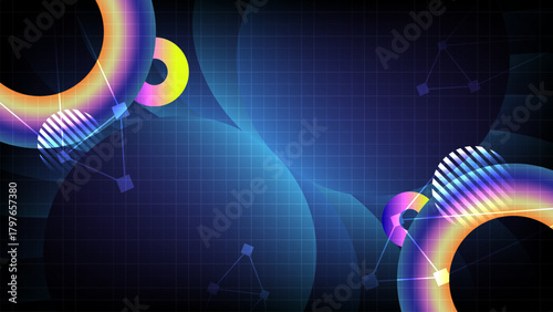 Abstract futuristic technology background featuring glowing neon rings. Holographic geometric gradient shapes, Digital grid patterns presentation design