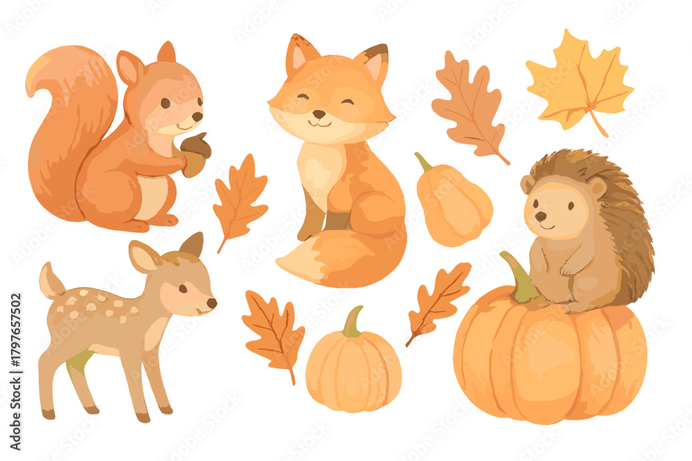 Obraz premium Adorable woodland animals squirrel fox hedgehog fawn pumpkins and autumn leaves