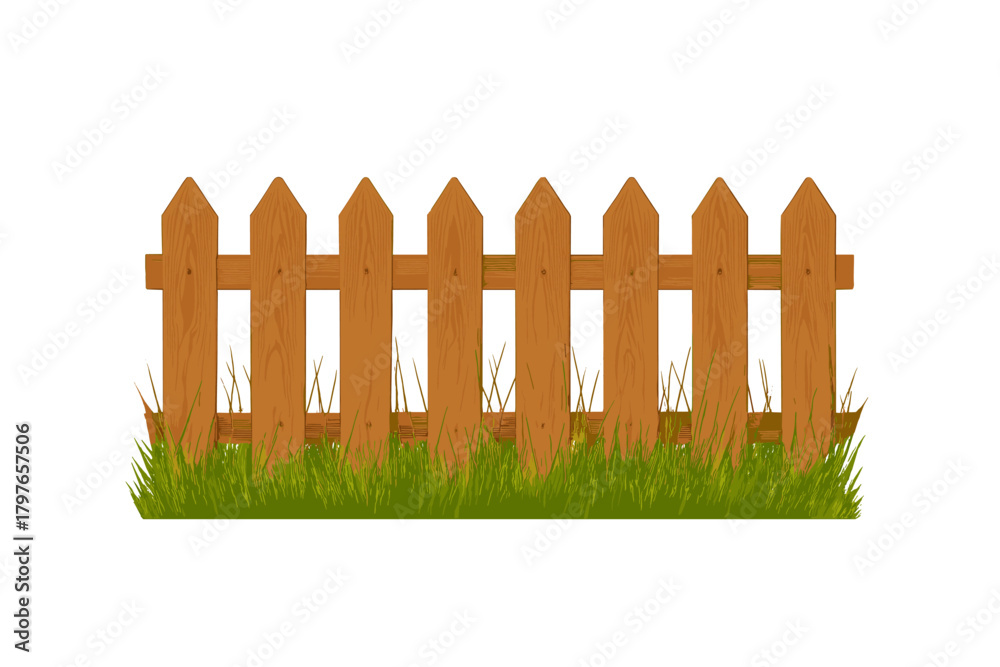 Fototapeta premium Segment of classic wooden picket fence standing in vibrant green grass isolated