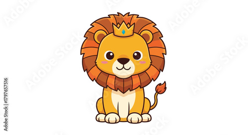A cute cartoon illustration of a lion wearing a golden crown, sitting and looking forward with a friendly expression.