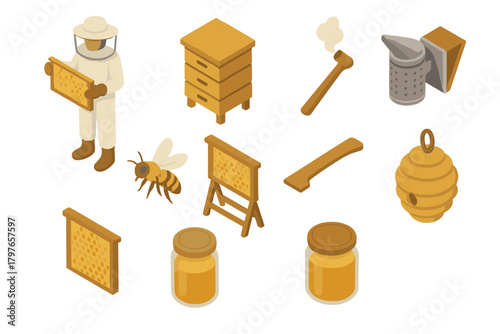 Isometric beekeeping equipment set featuring a beekeeper, honey bee, hive, smoker, and honey jars