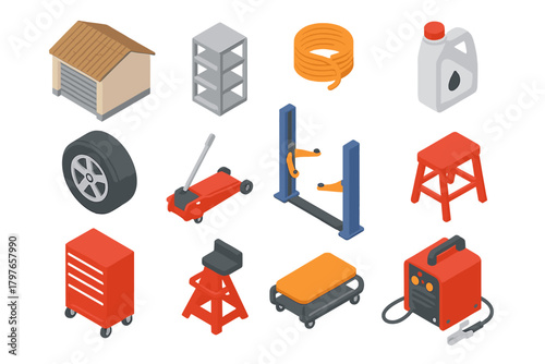 Isometric car repair and maintenance equipment including tools, hydraulic lift, tire, and garage building