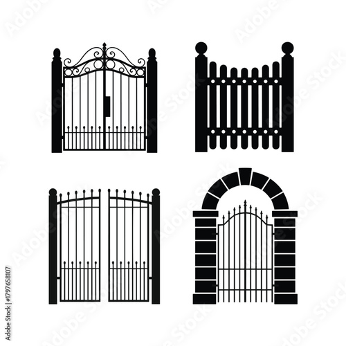 Four Different Gate Styles Ornamental Ironwork and Wooden Gates