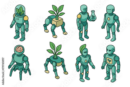 Isometric set of futuristic robots merging artificial intelligence technology with natural plant life