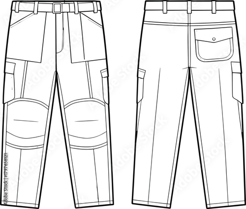 Technical vector illustration of cargo work pants featuring detailed pockets, reinforced knee panels, front and back views, and precise garment construction lines