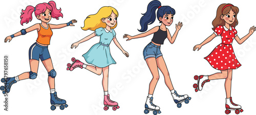 Cartoon girls roller skating, colorful outfits, dynamic motion, playful activity, outdoor fun, animated characters, youth lifestyle, sport, fashion, movement