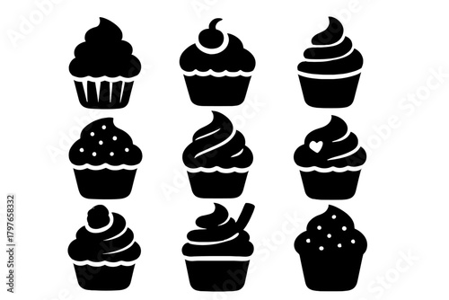 Nine sweet bakery desserts featuring various cupcake shapes and frosting designs
