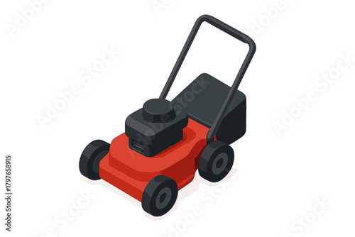 Isometric red and black push lawnmower for yard maintenance and grass cutting