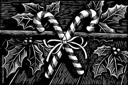 candy canes tied with ribbon beside holly leaves and snowflakes, classic nostalgic Christmas candy setup