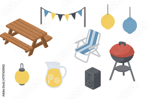 Isometric outdoor party and backyard barbecue equipment and accessories collection