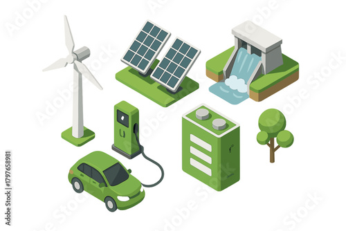 Isometric symbols of clean energy sources, electric mobility, and power storage