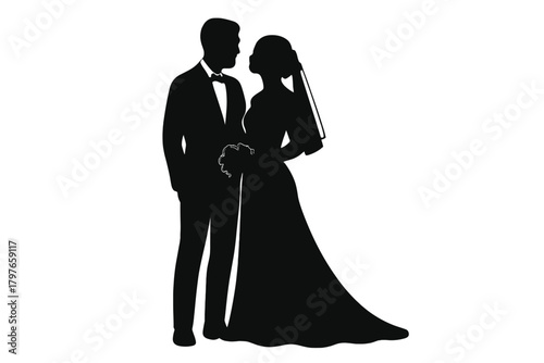 Black silhouette of a newly married couple standing close together in formal wedding attire