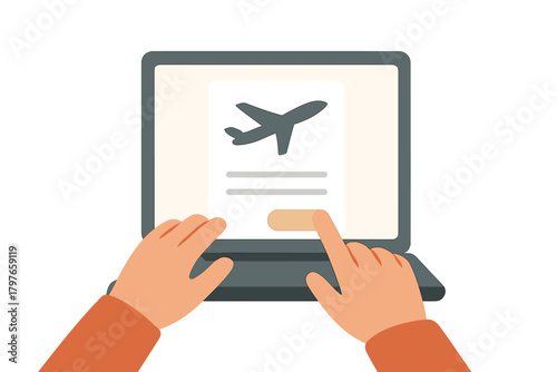 Hands clicking a confirmation button on a laptop screen for online flight reservation