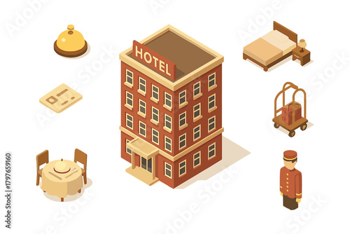 Isometric hotel service icons including building, bellhop, luggage cart, bed, and dining table