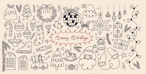 Christmas outline drawings vector bundle with various decorations, trees, toys, bell, stars and other noel elements for party celebration. Hand drawn silhouettes doodle clipart