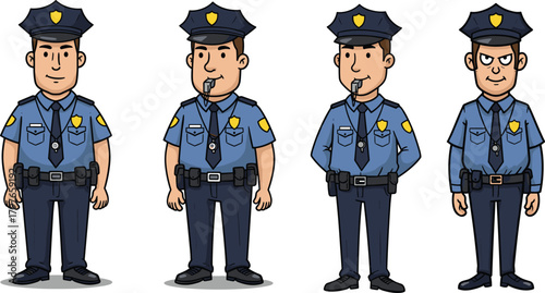 Cartoon police officers standing, blue uniforms, whistle action, character design, law enforcement, facial expressions, duty pose, badge, hat, teamwork