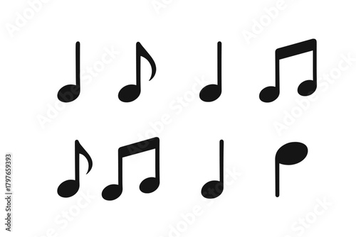Collection of black musical notes and symbols representing melody and rhythm