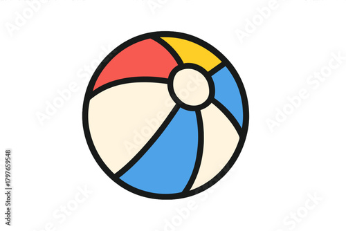 Classic inflatable beach ball toy with bright red blue and yellow stripes isolated on white