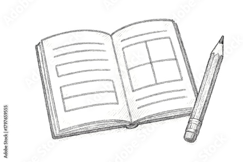 Open sketchbook with blank pages and a pencil ready for drawing or writing isolated on white