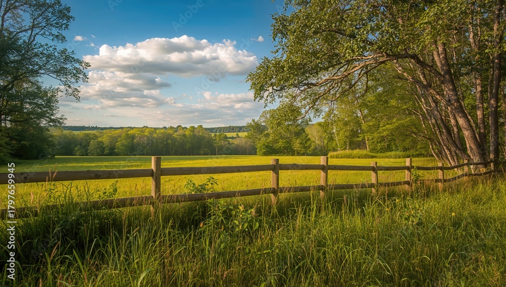 Fototapeta premium Summer meadow landscape with a fence, showcasing seasonal change
