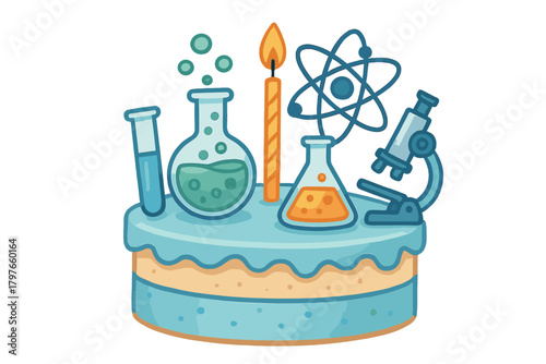 Festive birthday cake decorated with laboratory equipment and scientific symbols