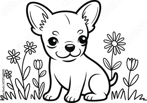 Adorable Puppy Sitting in Flowers Outline Vector, Cute Dog Coloring Book Page Illustration