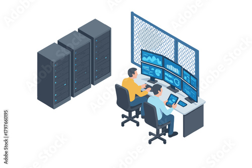IT engineers monitoring server racks and network performance in a data center control room