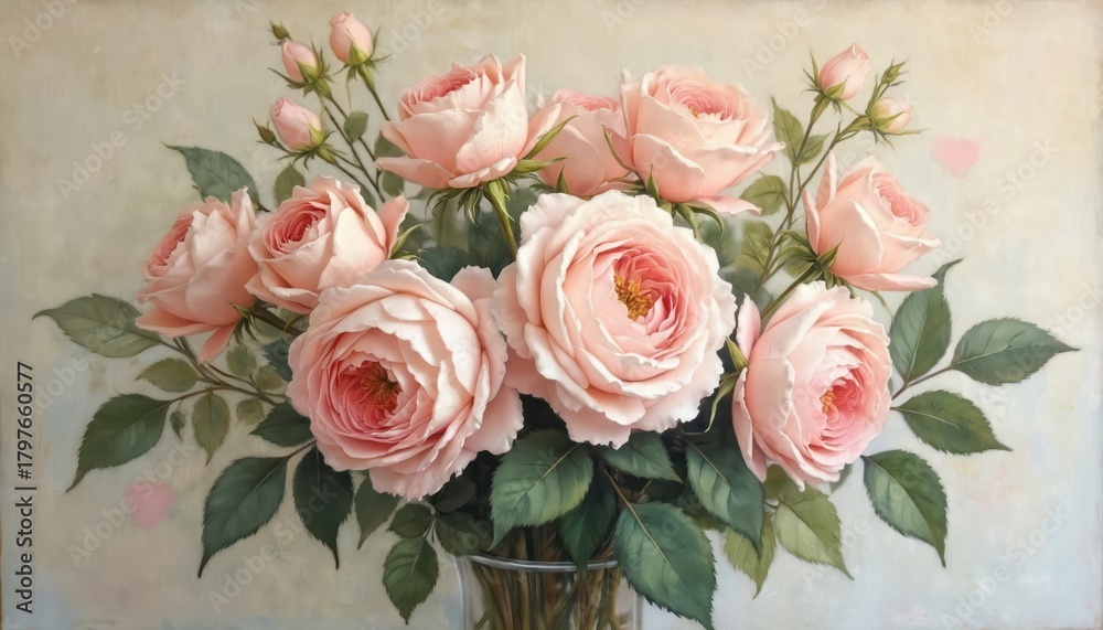Obraz premium Soft pink roses arranged in vase. Gentle bouquet with green leaves and buds. Floral art for elegant home decor wedding invitations or greeting cards.